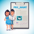 pregnant mother and doctor with paperboard. presentation - vector Royalty Free Stock Photo