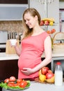 Pregnant mother drinks the milk on the house kitch