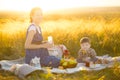 Pregnant mother and her cute little son outdoors. Happy family and healthy eating concept Royalty Free Stock Photo