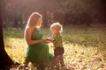 Pregnant mother and her little son in the park at sunset Royalty Free Stock Photo