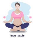 Pregnant mother relax in yoga lotus pose in multiple pregnancy over blue background