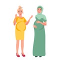 A pregnant Muslim woman in traditional national dress and a pregnant girl of European appearance. Motherhood, childbirth. Vector i