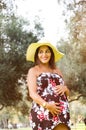 Pregnant Peruvian woman in a forest, beautiful young Peruvian girl waiting for a child Royalty Free Stock Photo