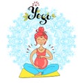 Pregnant tanned woman in lotus position against mandala background. Cute cartoon style. Color illustration. Ohm. Vector