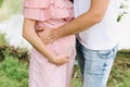 Pregnant wife with husband. Man touching belly of pregnant woman. Family couple waiting for baby. Royalty Free Stock Photo