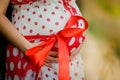 Pregnant woman belly closeup with a big ribbon bow Royalty Free Stock Photo