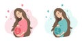 Pregnant happy woman with belly is expecting a baby, boy or girl. Gender of child. Flat cartoon vector illustration Royalty Free Stock Photo