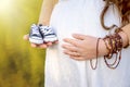 Pregnant woman belly holding baby booties. Royalty Free Stock Photo