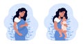 Pregnant woman with a belly. Mother with a newborn baby. Pregnancy and motherhood. Flat vector illustration.