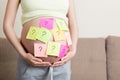 Pregnant woman belly with question mark. Pregnancy and thinking problem Royalty Free Stock Photo