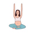 Pregnant woman with belly sitting with crossed legs and hands up, breathing and practicing pregnancy yoga. Happy female