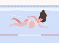 Pregnant woman in bikini in pool. Aqua fitness and aerobic. Healthy lifestyle. Young mother swimming in water. Vector