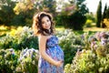 Pregnant woman in the blooming spring garden. Pregnancy and maternity shoot woman.
