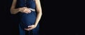 pregnant woman in a blue dress on a dark isolated background banner Royalty Free Stock Photo
