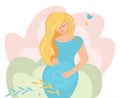 A pregnant woman in a blue dress gently caresses her belly. Future young mother. Blonde with a hand on her stomach