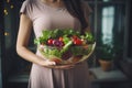 Pregnant woman bowl salad energy. Generate Ai