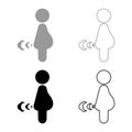 Pregnant woman break wind bloating gas cloud stench bad smell flatulency set icon grey black color vector