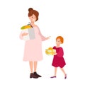 Pregnant woman carrying shopping bag with fruits and little girl with gift box. Mother and daughter holding their Royalty Free Stock Photo