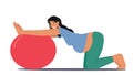 Pregnant Woman Character Doing Exercises with Fitball, Fitness during Pregnancy Concept. Expecting Mother with Big Tummy