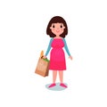 Pregnant woman character standing with paper bag with food in hand. Beautiful expectant mother.