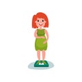Pregnant woman character standing on weighing scales. Healthy lifestyle during pregnancy. Motherhood. Flat vector.