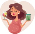 Pregnant Woman Choosing Between Ice Cream and Pickles Cartoon Illustration