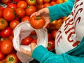 Pregnant woman choosing tomatoes at grocery store Royalty Free Stock Photo