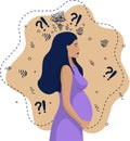 A pregnant woman is confused, feels depressed, fearful, worried. Vector illustration in a flat style.