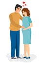 Pregnant woman. Couple in love. Happy expecting couple baby. Man hold wife, isolated flat young family vector characters Royalty Free Stock Photo