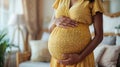 Pregnant woman cradling her belly in a yellow dress.