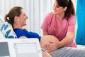 Pregnant woman in delivery room with CTG monitoring