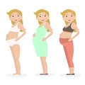 Pregnant woman in different clothes and underwear. Flat style. Vector Illustration.