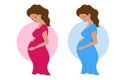 Pregnant woman with different emontions holding her belly in hands - sa, crying, happy smiling and laughting future mom, pretty Royalty Free Stock Photo