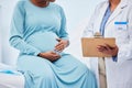 Pregnant woman, doctor hands and checklist in hospital consulting, gynecology service and healthcare test, exam or Royalty Free Stock Photo