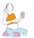 Pregnant woman doing exercises with dumbbells. sitting on a gymnastic ball. vector illustration.