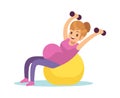 Pregnant woman doing exercises. Female fitness with fitball and dumbbell, health care and sport during pregnancy concept