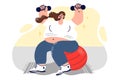 Pregnant woman is doing fitness sitting on large yoga ball and lifting dumbbells above head