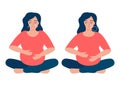 Pregnant woman is doing respiratory breathing exercise, deep exhale and inhale. Breathing exercise. Healthy yoga and