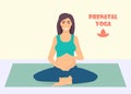 Pregnant woman doing yoga exercises on the mat. Pregnant women in lotos pose. Prenatal yoga. Vector illustration in flat style Royalty Free Stock Photo