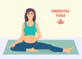 Pregnant woman doing yoga exercises on the mat. Yoga for pregnant women. Prenatal yoga. Vector illustration in flat style