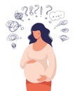 A pregnant woman doubts, is anxious, asks questions. The concept of pregnancy, maternity assistance, family support