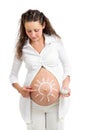 Pregnant woman drawing sun by moisturizing cream Royalty Free Stock Photo