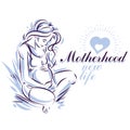 Pregnant woman elegant body silhouette, sketchy vector illustration.