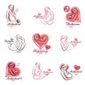 Pregnant woman elegant body silhouettes collection, sketchy vector illustration. Medical rehabilitation and childcare center mark Royalty Free Stock Photo