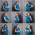 Collection of portraits of pregnant woman in different poses at gray background Royalty Free Stock Photo