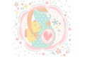 Pregnant woman expecting child birth. Belly with baby inside. Pregnancy theme. Hand drawn vector design for greeting