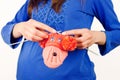Pregnant woman female holding knitted bootees Royalty Free Stock Photo