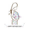 Pregnant woman with flowers and butterflies. Happy Mother`s Day greeting card illustration Royalty Free Stock Photo