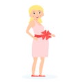 Pregnant woman with gift bow on belly. Expectation concept. Flat style. Vector Illustration.