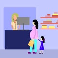 Pregnant woman with girl in cosmetic store. Flat illustration Royalty Free Stock Photo